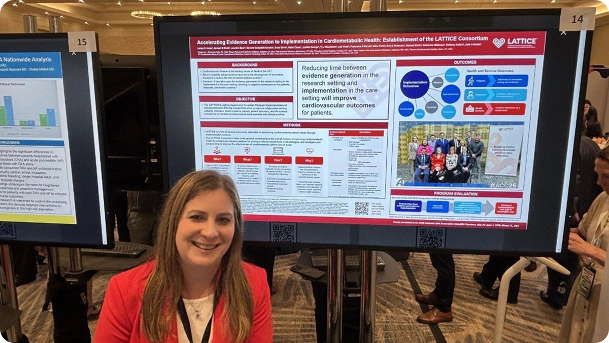 Presenter beside a research poster, "Accelerating Evidence Generation to Implementation in Cardiometabolic Health: Establishment of the LATTICE™ Consortium"