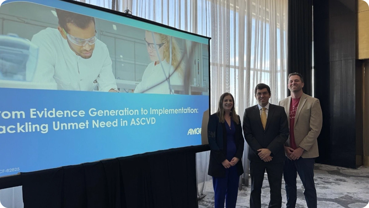 Three LATTICE™ members beside a screen titled "From Evidence Generation to Implementation: Tackling Unmet Need in ASCVD"