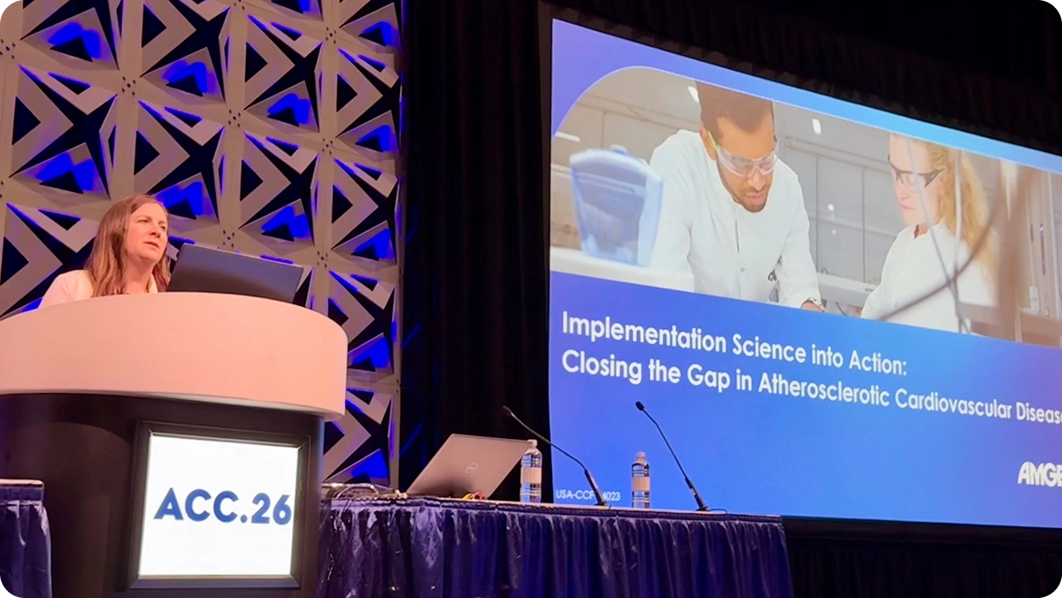 Speaker at the ACC26 podium presenting "Implementation Science into Action: Closing the Gap in Atherosclerotic Cardiovascular Disease"