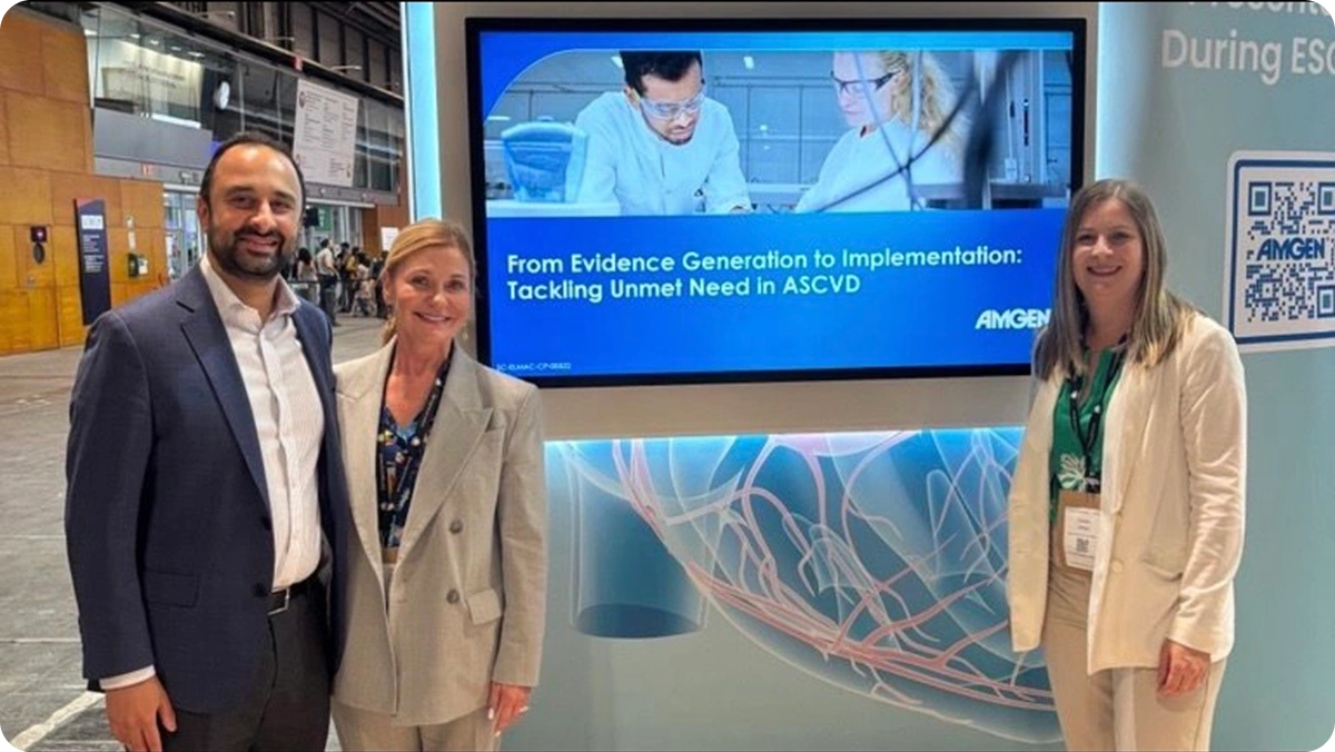 Three LATTICE™ members beside a screen titled "From Evidence Generation to Implementation: Tackling Unmet Need in ASCVD"