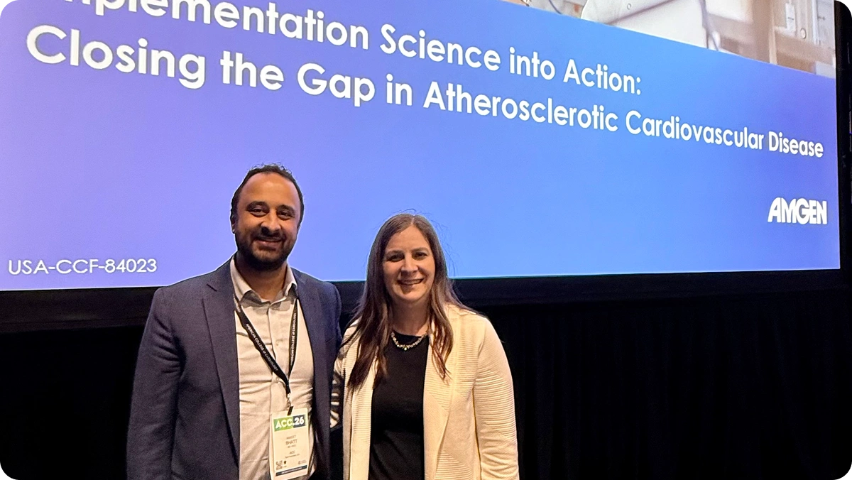 Two LATTICE™ presenters beside a screen titled "Implementation Science into Action: Closing the Gap in Atherosclerotic Cardiovascular Disease"